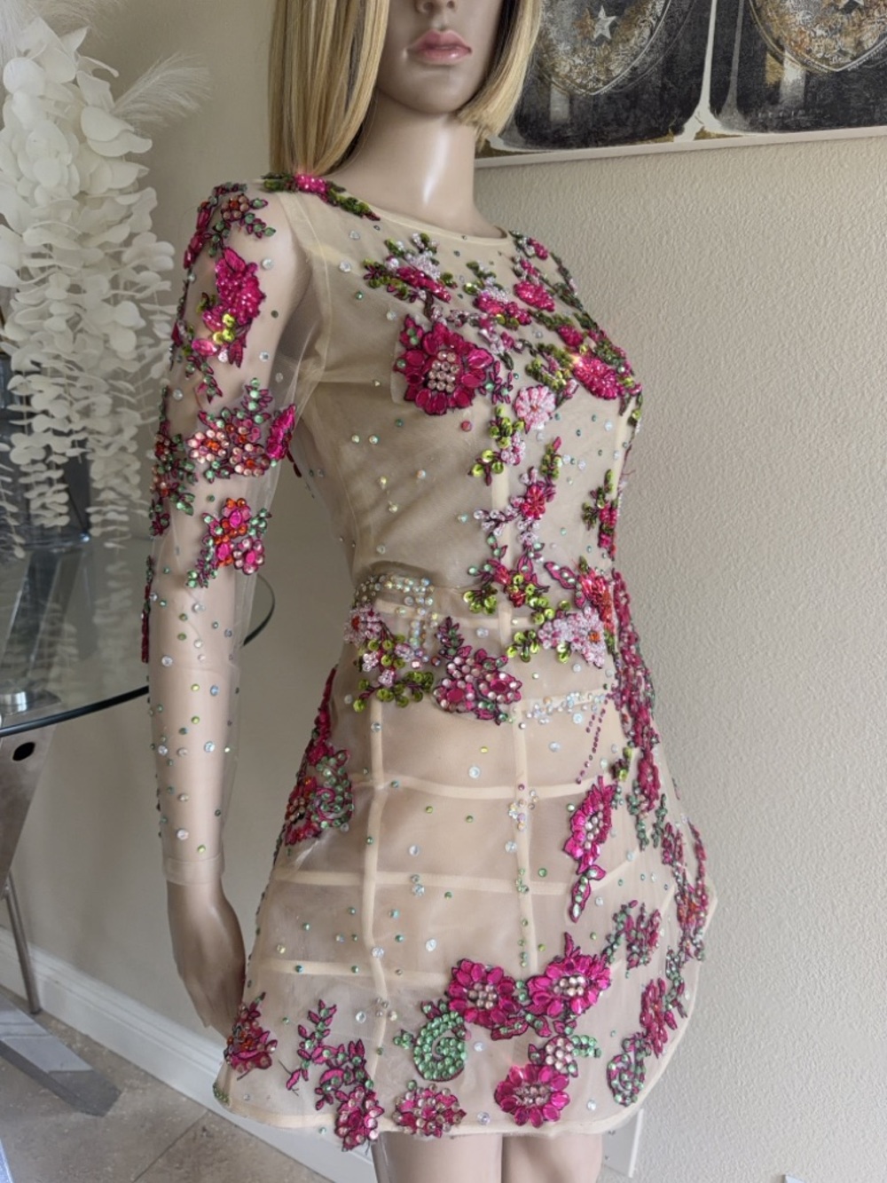 Embellished Pink Floral Mesh Dress